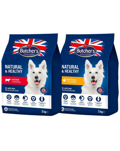 BUTCHER'S Natural&Healthy Směs příchutí pro psy s kuřecím a hovězím masem 2 x 3 kg