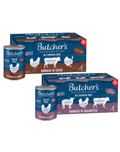 BUTCHER'S Original Recipe Mix chutí 12x400 v omáčce (s hovězím, krůtím a kuřecím masem), v želé (s hovězím, jehněčím a kuřecím masem)