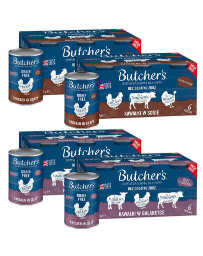 BUTCHER'S Original Recipe Mix příchutě 24x400 v omáčce (s hovězím, krůtím a kuřecím masem), v želé (s hovězím, jehněčím a kuřecím masem)