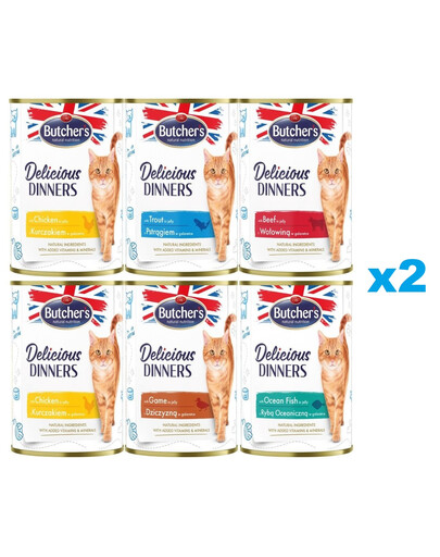 BUTCHER'S Delicious Dinners Mix chutí v želé 12x400g kousků s kuřecím masem, zvěřinou, pstruhem, mořskými rybami, hovězím masem