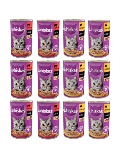 WHISKAS Adult Mix příchutí 12x400 g s kuřecím a hovězím masem v omáčce pro dospělé kočky
