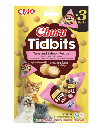 INABA Cat Churu Tidbits Tuna and Salmon Recipe 3x12g měkké a krémové pamlsky s tuňákem a lososem pro kočky