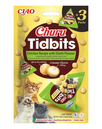 INABA Cat Churu Tidbits Chicken Recipe with Dashi Flavor 3x12g měkké a krémové pamlsky s kuřecím masem a dashi příchutí pro kočky