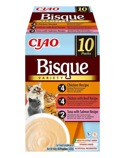 INABA Cat Ciao Bisque Variety 10x40g mix polévka krém s kuřecím masem, hovězím masem a rybou pro kočky