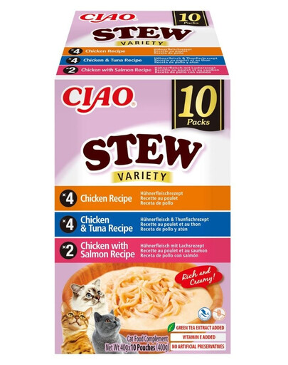 INABA Cat Ciao Stew Creamy Variety 10x40g mix pamlsků s kuřecím masem, tuňákem a lososem v krémové omáčce