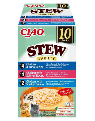 INABA Cat Ciao Stew Creamy Variety 10x40g mix pamlsků s kuřecím masem, rybou a hřebenatkami v krémové omáčce