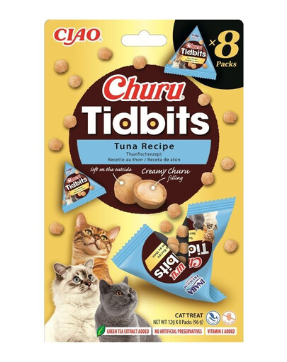 INABA Cat Churu Tidbits Tuna Recipe 8x12g měkké a krémové pamlsky s tuňákem pro kočky