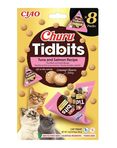 INABA Cat Churu Tidbits Tuna and Salmon Recipe 8x12g měkké a krémové pamlsky s tuňákem a lososem pro kočky
