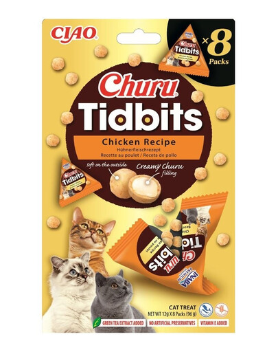 INABA Cat Churu Tidbits Chicken Recipe 8x12g měkké a krémové pamlsky s kuřetem a lososem pro kočky