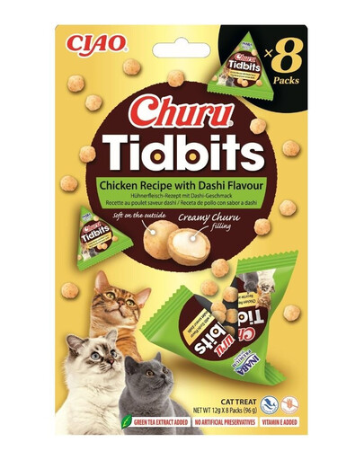 INABA Cat Churu Tidbits Chicken Recipe with Dashi Flavor 8x12g měkké a krémové kuřecí pamlsky s příchutí dashi vývaru pro kočky