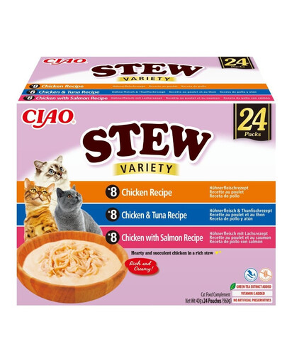 INABA Cat Ciao Stew Creamy Variety 24x40g mix pamlsků s kuřecím, tuňákem a lososem v krémové omáčce
