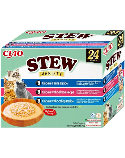 INABA Cat Ciao Stew Creamy Variety 24x40g mix pamlsků s kuřecím masem, rybou a hřebenatkami v krémové omáčce