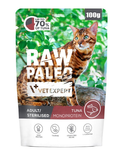 RAW PALEO Monoprotein Adult Sterilised Cat Tuna 100 g pro dospělé a sterilizované kočky s tuňákem