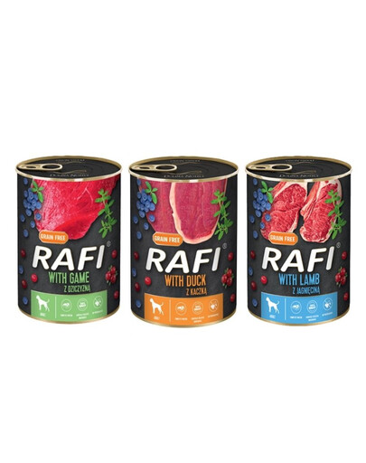 DOLINA NOTECI RAFI mix smaków (dziczyzna, jagnięcina, kaczka) 36x400g mokra karma dla psa