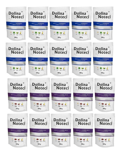 DOLINA NOTECI Prémiový mix chutí Bohatý na králíka s brusinkami a tresku s brokolicí 20x500 g
