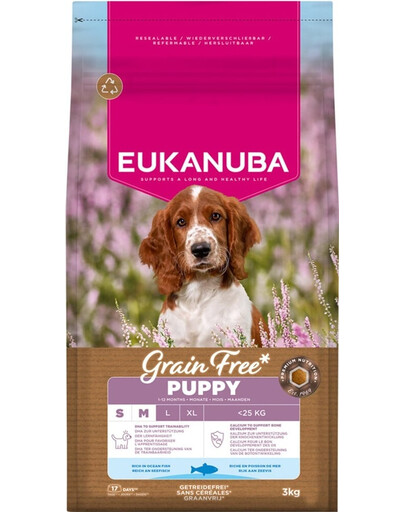 EUKANUBA Grain Free Puppy Small Medium Ocean Fish 3 kg bezobilná krmiva pro štěňata malých a středních plemen s rybou