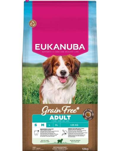 EUKANUBA Grain Free Adult Small Medium Lamb 12 kg bezobilná krmiva pro psy malých a středních plemen s jehněčím