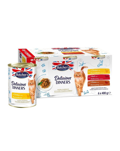 BUTCHER'S Delicious Dinners Kočičí masový výběr v želé 6x400g kousků v želé s kuřecím masem, hovězím masem a zvěřinou pro kočky