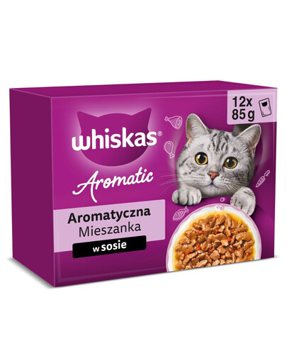 WHISKAS Adult Aromatic Mixture 12 sáčků po 85 g kompletní mokré krmivo pro dospělé kočky, v omáčce s kousky: glazovaného vepřového masa a mrkve, šťavnatého kuřecího masa s kousky mořské ryby ve vývaru, jemného lososa a hrášku