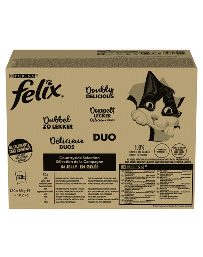 FELIX Fantastic DUO Mix Venkovské chutě v želé 120x85g hovězí a drůbež, krůta a játra, kuře a ledvinka, kachna a jehněčí, mokré krmivo pro kočky