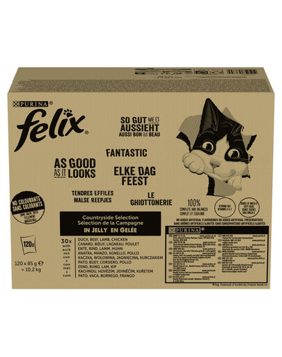 Felix Fantastic Country Flavors kapsičky v želé mx příchutí 120x85g hovězí, kuřecí, kachní a jehněčí pro kočky