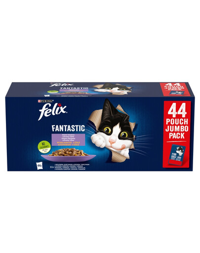 FELIX Fantastický výběr příchutí v želé 44x85g Hovězí, Kuřecí, Losos a Tuňák, Mokré krmivo pro kočky