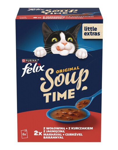 FELIX Original Soup Country Flavors 6x48g s hovězím, kuřecím a jehněčím masem, doplňkové mokré krmivo pro kočky