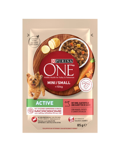 PURINA ONE Mini Small Active Beef 85g s hovězím masem a bramborami v omáčce, mokré krmivo pro malé psy