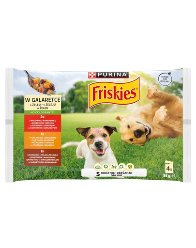 FRISKIES Adult Hovězí, kuřecí a jehněčí v želé 4x85g mokré krmivo pro psy