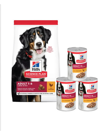 HILL'S Science Plan Canine Adult Large Breed Chicken 18 kg krmivo pro psy velkých plemen s kuřecím masem + 3 konzervy ZDARMA