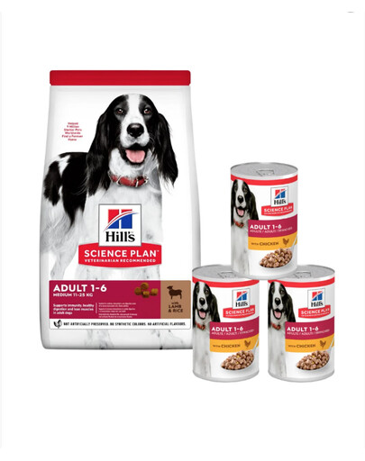 HILL'S Science Plan Canine Adult Medium Lamb & Rice 18 kg krmivo pro psy středních plemen jehněčí s rýží + 3 konzervy ZDARMA