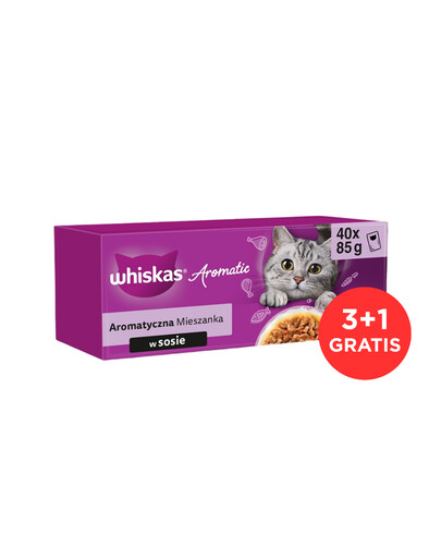 WHISKAS kapsičky s aromatickou směsí pro dospělé kočky 120x85 g kompletní krmivo pro dospělé kočky v omáčce s kousky glazovaného vepřového masa a mrkve, šťavnatým kuřecím masem, kousky mořských ryb ve vývaru, jemným lososem a hráškem + 40 kapsiček Zdarma