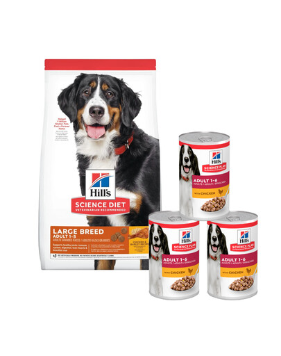 HILL'S Science Plan Adult Dog Large Dry Chicken 14 kg + HILL'S Science Plan Canine Adult Chicken 370 g 3 konzervy ZDARMA
