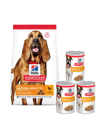 HILL'S Science Plan 7+ Dog Mature Light Medium Chicken 14 kg + 3 konzervy ZDARMA