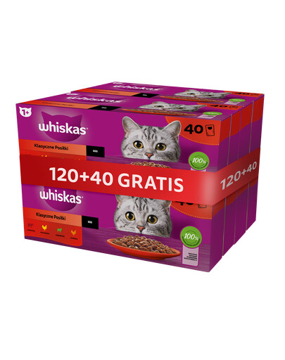 WHISKAS Classic Meals kompletní krmivo pro dospělé kočky v omáčce 120x85 g + 40 sáčků ZDARMA