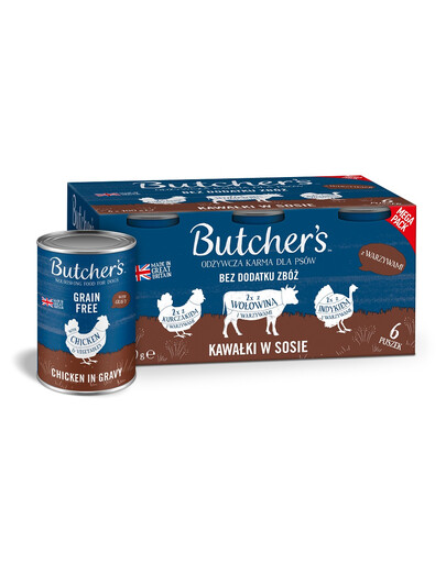 BUTCHER'S Original Recipe in gravy Směs příchutí se zeleninou 6x400 g kousků v omáčce s hovězím, krůtím a kuřecím masem pro psy