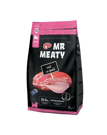 MR MEATY Puppies Veal with Quail XS 3 kg telecí maso s bažantem, krmivo pro štěňata