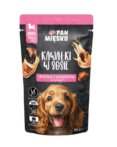 PAN MIĘSKO Mokré krmivo pro štěňata s telecím masem a křepelkou v omáčce 150 g