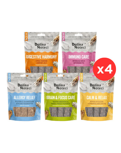 DOLINA NOTECI Smart Chews Mix 5 smaków 20x100g wsparcie w redukcji stresu, wsparcie funkcji poznawczych, wsparcie trawienia, wsparcie przy alergiach pokarmowych, wsparcie odporności, suszone przysmaki dla psa