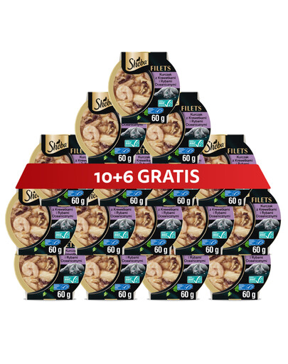 SHEBA Filets mokré krmivo pro kočky kuře, ryba, krevety 60g 10+6 ZDARMA