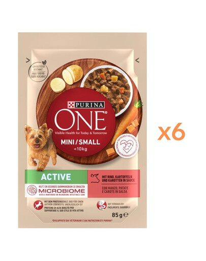 PURINA ONE Mini Small Active Beef 6x85g s hovězím masem a bramborami v omáčce, mokré krmivo pro malé psy