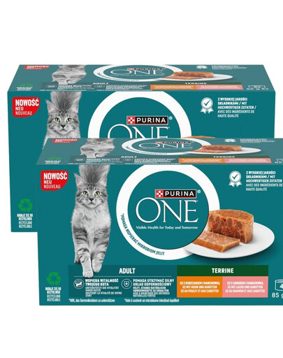 PURINA ONE Adult Terrine 8x85g s kuřetem a mrkví a s lososem a mrkví, mokré krmivo pro kočky
