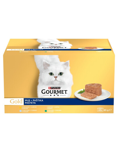 GOURMET Gold Mus 96x85g s kuřecím masem, tuňákem, krůtou a králíkem, mokré krmivo pro kočky