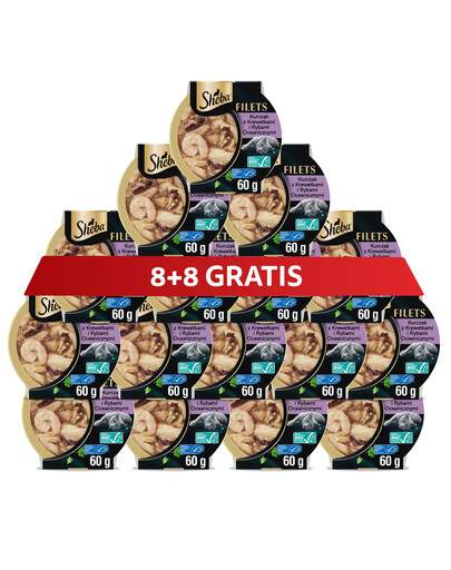 SHEBA Filety s kuřecím masem, mořskými rybami a krevetami v omáčce 16 x 60 g mokré krmivo pro kočky 8+8 ZDARMA