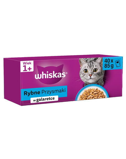 WHISKAS Adult kapsička 4 x 40x85 g Rybí příchutě v želé losos, tuňák, treska, bílá ryba 3+1 ZDARMA