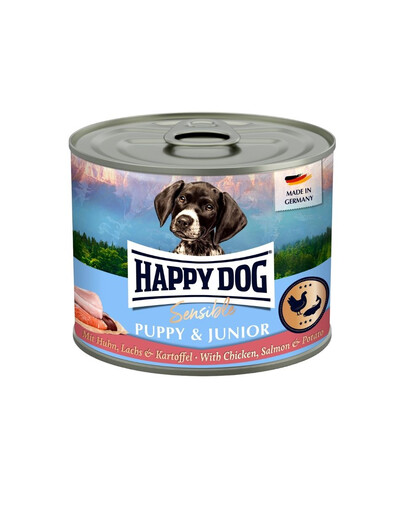 HAPPY DOG Sensible Puppy Junior Kuřecí, losos a brambor 200 g konzerva pro štěňata a mladé psy