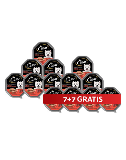 CESAR tray 14 x 150 g kompletní mokré krmivo pro dospělé psy terina se šťavnatým hovězím masem a játry 7+7 ZDARMA