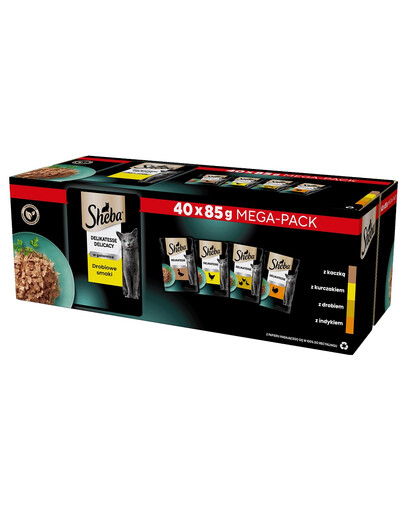 SHEBA Delicacy Poultry Flavors sáčky 4 x 40x85 g kompletní mokré krmivo pro dospělé kočky v želé kouskoch s kachnou, kuřetem, drůbeží a krůtou 3+1 ZDARMA