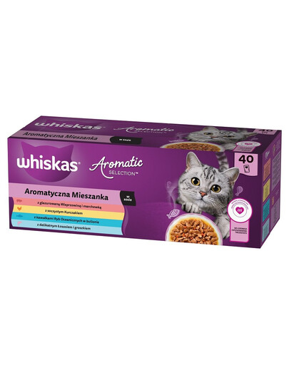 WHISKAS Adult Aromatická směs 4 kapsičky 40x85 g kompletní krmivo pro dospělé kočky v omáčce s kousky glazovaného vepřového masa a mrkve, šťavnatým kuřecím masem, kousky mořských ryb ve vývaru, jemným lososem a hráškem 3+