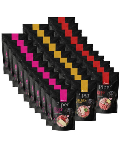 PIPER Animals Mix příchutí 30x500 g s hovězími játry, s kuřecími srdíčky, s hovězími žaludky, mokré krmivo pro psy